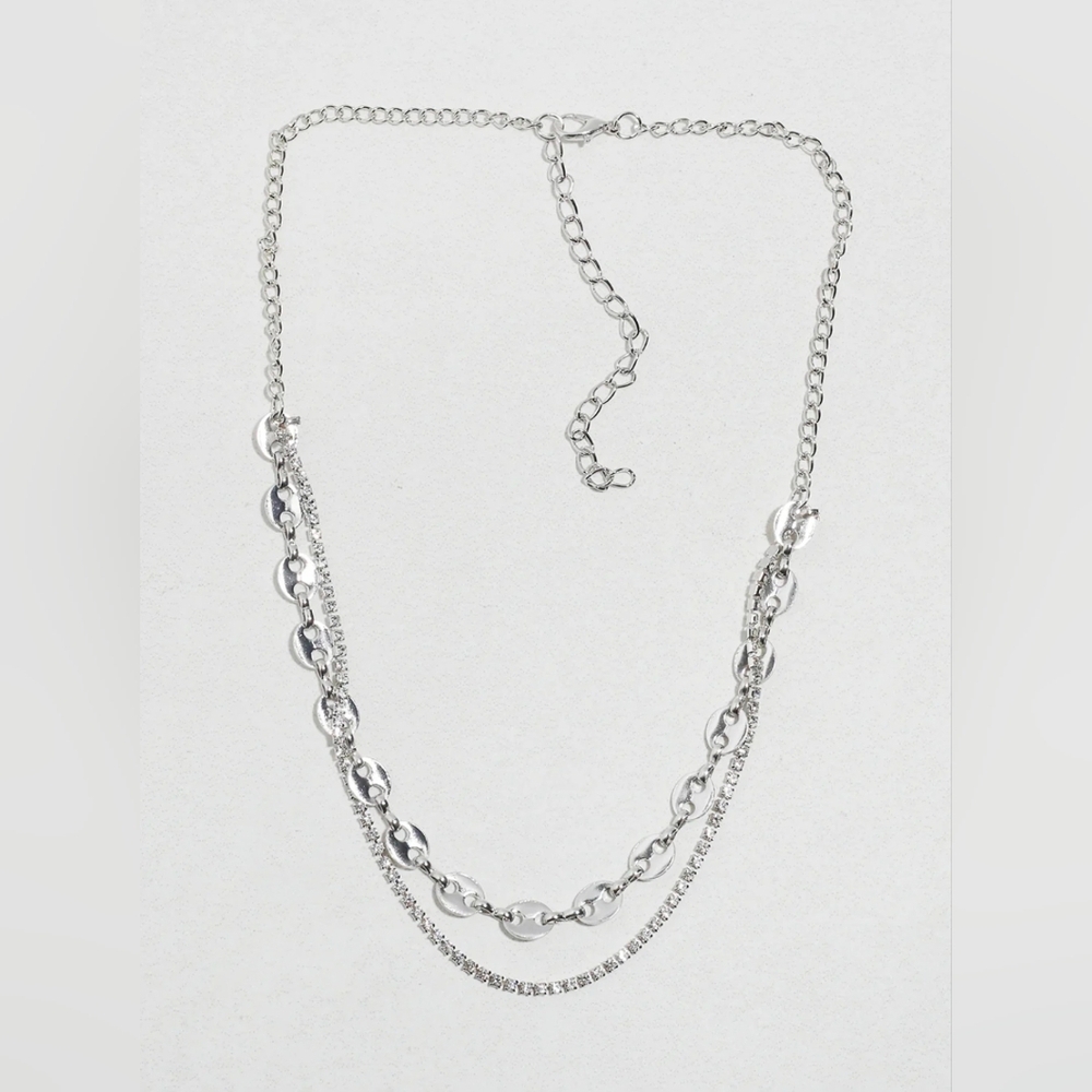 Elegant Silver  Multilayered Rhinestone Chain Necklace BNIB
